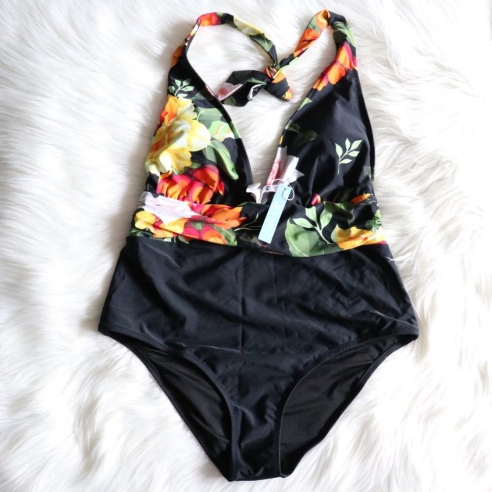 NEW Floral And Black Plunge Halter One Piece Bathing Suit Size XXL - Picture 3 of 9